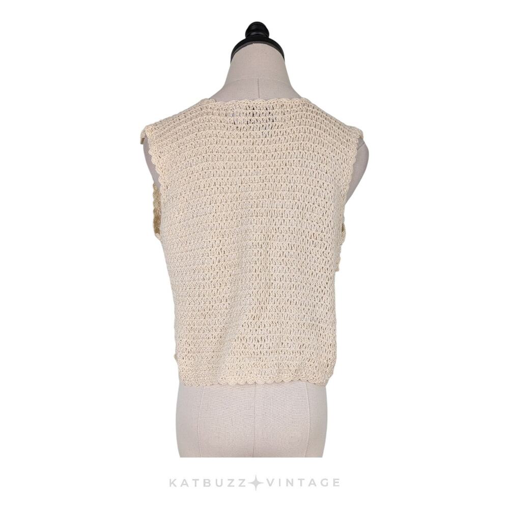 Crochet Sweater Vest M Cream Floral Boho Vintage 90s Grunge Cottage Handmade - Picture 3 of 8